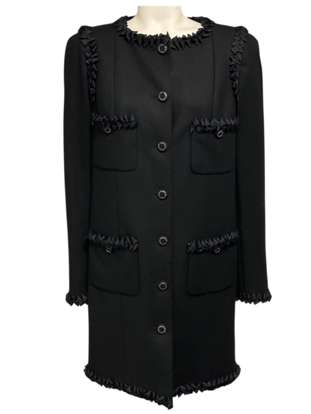 CHANEL BLACK 2008 SILK RIBBON TRIMMED WOOL AND CASHMERE COAT WITH CHAIN DETAILED